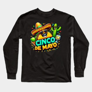 Funny Cinco De Mayo Cartoon Taco Wearing Sombrero,  Lime with Sunglasses and Dancing Cactus! Long Sleeve T-Shirt